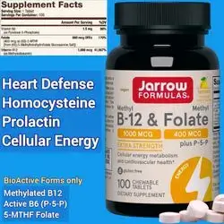Jarrow Formulas, Methyl B12, 1000 MCG, Methyl FOLATE, 400 MCG, Active B6 P5P, Cellular Energy Metabolism and Cardiovascular Health, Vitamin B6 as P-5-P, 100 Chewable Tablets Folate