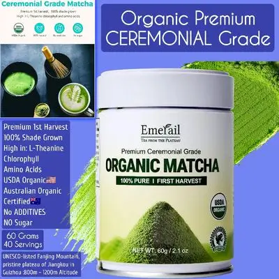 Organic Ceremonial Grade Matcha, Premium First Harvest Matcha Green Tea Powder, 100% Pure USDA-Certified, Sugar-Free Gluten-Free, Vegan, 60g, 40 Servings, matcha
