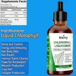 Chlorophyll Liquid Drops, 50mg, 2 fl oz, Natural Flavor, for Internal Deodorizer, Radiant Skin, Detox, Antioxidant, Immune, Gray Hair, Copper, Gluten Free, Chlorophyll, 60ml Chlorophyll