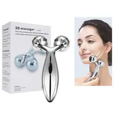3D Face Roller Massager with Dual Metal Balls, Silver, ZL-206