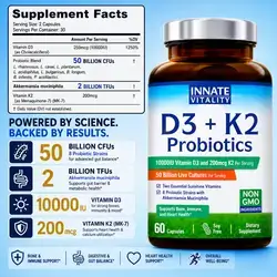 Vitamin D3 K2, D3 10000 IU + K2 MK-7 200 mcg, Probiotics, Akkermansia Muciniphila, Bone, Immune, Digestive & Heart, Vitamin D, Vitamin K2, Probiotics, Akkermansia, 60 Capsules D3 K2