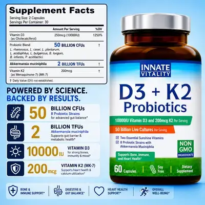 Vitamin D3 K2, D3 10000 IU + K2 MK-7 200 mcg, Probiotics, Akkermansia Muciniphila, Bone, Immune, Digestive & Heart, Vitamin D, Vitamin K2, Probiotics, Akkermansia, 60 Capsules D3 K2 