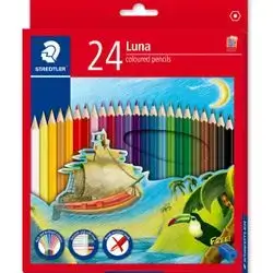 Cardboard box containing 24 coloured pencils in assorted colours with a FREE sharpener