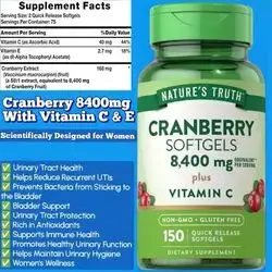 Cranberry, Cranberry for Women, 8400mg Concentrated Extract, with Vitamin C and E, Gluten Free, UTI Prevention, Bad bacteria, urinary tract, bladder, hygiene, Immunity, 150 Softgels cranberry 