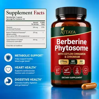 Berberine Phytosome, with Berbevis®, Ceylon Cinnamon, Chromium, Healthy Sugar Balance, Healthy Cholesterol, Antimicrobial, Digestive Support, Berberine, 60 Capsules berberine 