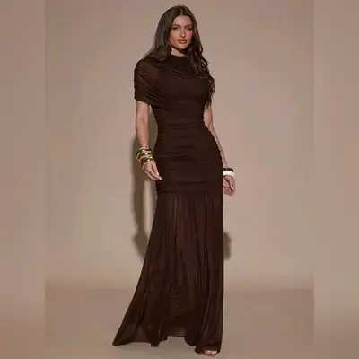 SHEIN X GALILEA SHEIN BAE Elegant Dark Brown Ruched Bodycon Dress - Medium
