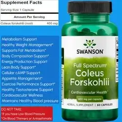 Swanson Full Spectrum Coleus Forskohlii 400mg, Coleus Forskohlii, Forskolin, Forskohlii, Potent Metabolism Booster, helps fat burn, boosts testosterone, lean muscle mass, cardiovascular health, 60 Capsules Forskolin 
