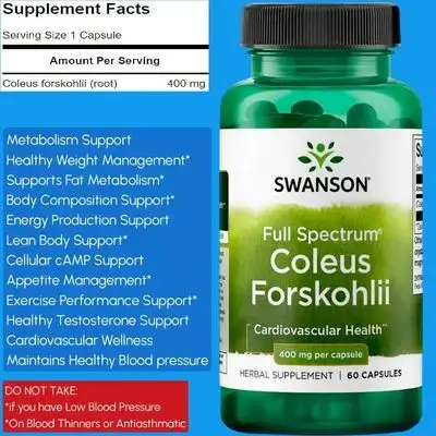 Swanson Full Spectrum Coleus Forskohlii 400mg, Coleus Forskohlii, Forskolin, Forskohlii, Potent Metabolism Booster, helps fat burn, boosts testosterone, lean muscle mass, cardiovascular health, 60 Capsules Forskolin