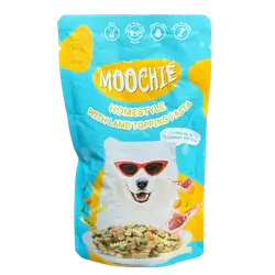 Moochie Homestyle Wet Dog Food with Lamb Topping Pasta.