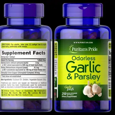Odorless Garlic & Parsley & Chlorophyll, respiratory health, Contains breath-freshening Parsley and the plant nutrient Chlorophyll, 500 mg / 100 mg, 250 Softgels Garlic