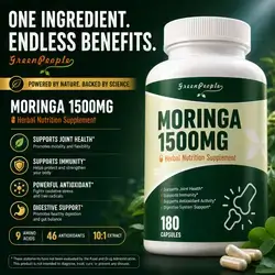 Whole-Leaf Moringa, 1500mg, 10:1 Extract, Moringa Oleifera Leaf Extract, Natural Green Superfood for Energy, Immunity, Hair Thickness & Growth, Blood sugar regulation, Digestive Health, Antimicrobial, Ultra Pure, Caffeine Free, 180 Capsules moringa