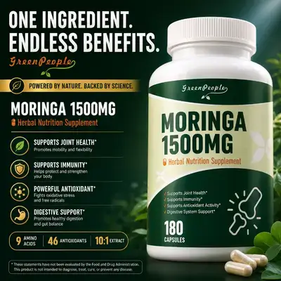 Whole-Leaf Moringa, 1500mg, 10:1 Extract, Moringa Oleifera Leaf Extract, Natural Green Superfood for Energy, Immunity, Hair Thickness & Growth, Blood sugar regulation, Digestive Health, Antimicrobial, Ultra Pure, Caffeine Free, 180 Capsules moringa 
