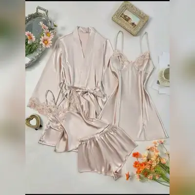 SilkySpell 4pcs Pajama Set: Embroidered Trim V-Neck Faux Silk Cami Sleep Dress And Cami Top & Shorts And Belted Robe - Medium