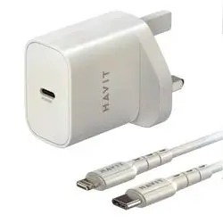 HAVIT ST711 PD20W TRAVEL CHARGER WITH USB-C TO LIGHTENING CABLE WHITE