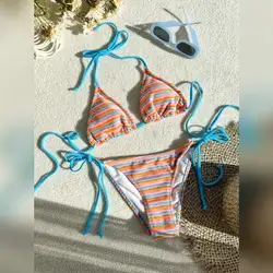 Swim Mod Contrast Color Halter Tie Swimsuit Set - Large
