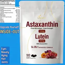 Astaxanthin, 12mg, Lutein 40mg with Zeaxanthin, Fresh Microalgae Source, Supports Eye, Skin, Antioxidant, Joint, Circulatory Health, 6 Months supply, 12mg Per ONE Softgel, 180 Softgels Astaxanthin