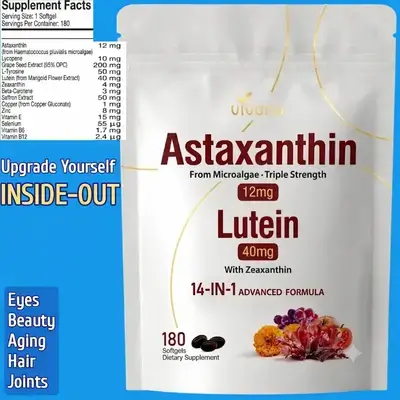 Astaxanthin, 12mg, Lutein 40mg with Zeaxanthin, Fresh Microalgae Source, Supports Eye, Skin, Antioxidant, Joint, Circulatory Health, 6 Months supply, 12mg Per ONE Softgel, 180 Softgels Astaxanthin