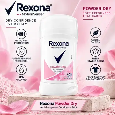 Rexona MotionSense™ Powder Dry Anti-Perspirant Deodorant Stick — 48H Protection, 0% Alcohol
