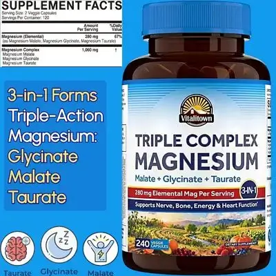 Magnesium Complex, 280mg Elemental Magnesium, 3 Active Forms, Triple Action, Magnesium Glycinate, Magnesium Malate, Magnesium Taurate, Gentle & High Absorption, Bone Heart Nerve Sleep, 240 Capsules Magnesium Complex
