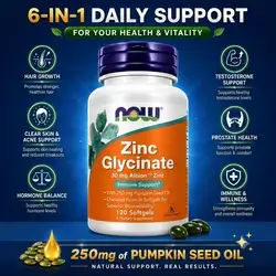 NOW Supplements, Zinc Glycinate, 30mg Albion™, 250 mg Pumpkin Seed Oil, Supports Prostate Health, Muscle Growth, Hair Growth, Acne, Immunity, zinc, 120 Softgels zinc