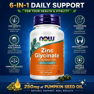 NOW Supplements, Zinc Glycinate, 30mg Albion™, 250 mg Pumpkin Seed Oil, Supports Prostate Health, Muscle Growth, Hair Growth, Acne, Immunity, zinc, 120 Softgels zinc 