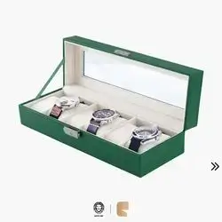 Green Lion Elegant Watch Box 6 Slots with Glass Display Luxury PU Leather Storage Organizer - Green
