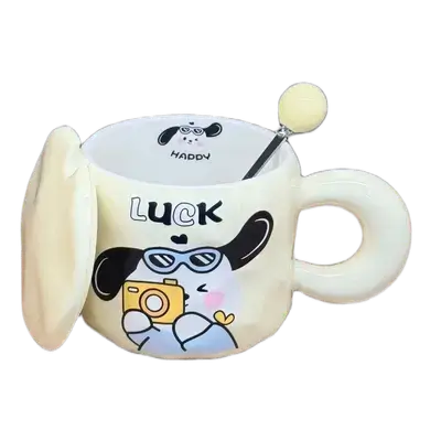 Cute Ceramic Cup with Lid and Spoon