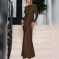 Brown Long Sleeve Pleated Long Dress - Small