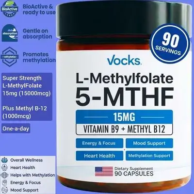 L-Methylfolate 15mg (15000mcg), 5-MTHF + Methyl B12, Folate, Methyl Folate, Active form of B9 Folic acid, High Potency Methylfolate, Active Methylated Folate Vitamin B9, MTHFR, Methyl B12, Women & Men, 90 Caps Folate