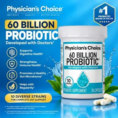 Physician's CHOICE, Probiotics, 60 Billion CFU - 10 Strains + Organic Prebiotics, Immune, Digestive & Gut Health, Occasional Constipation, Diarrhea, Gas & Bloating, Bowel movement, Regularity, for Women & Men, 30 Capsules Probiotics