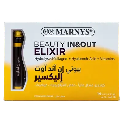Beauty In & Out Elixir Hydrolyzed Collagen+ Hyaluronic Acid + Vitamins 14 Vials×25ml _ MARNYS