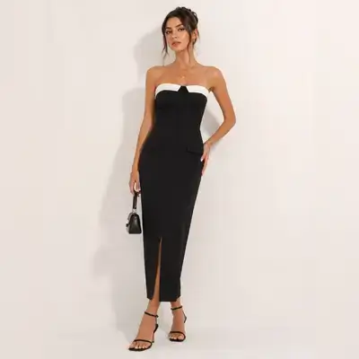 Elegant strapless midi dress with a white neckline, button front - Large