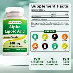 Best Naturals Alpha lipoic acid 200mg, ALA, Alpha Lipoic Acid, Supports Neuropathy, Muscle Glucose Metabolism, Potent Anti-Aging, 120 Caps alpha lipoic acid