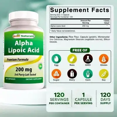 Best Naturals Alpha lipoic acid 200mg, ALA, Alpha Lipoic Acid, Supports Neuropathy, Muscle Glucose Metabolism, Potent Anti-Aging, 120 Caps alpha lipoic acid