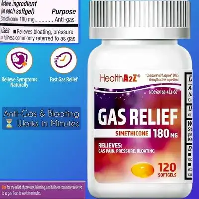 Gas Relief, Simethicone 180mg, Fast Acting Gas Relief, Bloating, Pressure, Stomach Discomfort, Anti Flatulence, Anti Gas, 120 Softgels Simethicone