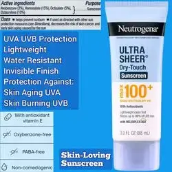 Neutrogena Ultra Sheer Dry-Touch Sunscreen Lotion, Max 100+ Broad Spectrum SPF 100 UVA/UVB Protection, Lightweight, Non-Greasy Sunscreen, Oxybenzone-Free, Antioxidant, Travel Size, 3 fl oz, 88ml sunscreen