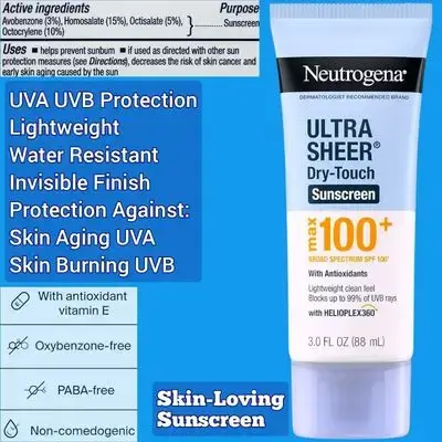 Neutrogena Ultra Sheer Dry-Touch Sunscreen Lotion, Max 100+ Broad Spectrum SPF 100 UVA/UVB Protection, Lightweight, Non-Greasy Sunscreen, Oxybenzone-Free, Antioxidant, Travel Size, 3 fl oz, 88ml sunscreen