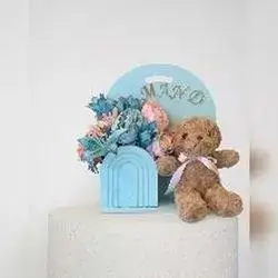Teddy Bear & Blue Flowers with Custom Name