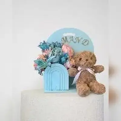 Teddy Bear & Blue Flowers with Custom Name