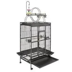 The A19 Circus Cage is suitable for medium and large parrots. It includes five stainless steel tools, three perches, a top stand with a wheel and ladders, a toy rack, and dirt collectors. It is black, 190 cm long, 81 cm wide at the front.
