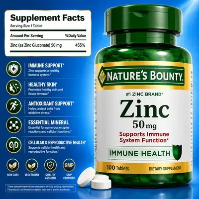 Zinc Gluconate, 50mg, zinc, Immune System, Skin, Antioxidant, Hair Loss, Prostate, Hormone Balance, DNA Formation, Metabolism, Men and women, 100 Tablets zinc 