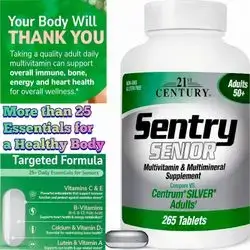 Sentry Senior Multivitamin, one a day , Multivitamins & Minerals, Vitamin A, D3, E, C, K, B-Complex, b12, folate, zinc, copper, Selenium, chromium, Niacin, magnesium, Iodine, 265 Count Multivitamin 