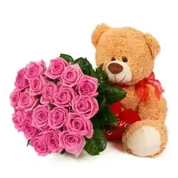 19 Pink Roses + Teddy Bear 35 Cm