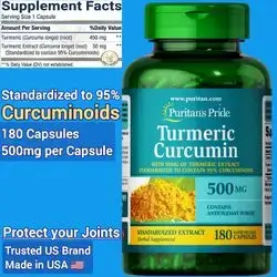 Turmeric, Curcumin, 500mg, Standarized to 95% Cucuminoids, Joint Health, natural pain relief, cartilage, arthritis, rheumatism, osteoporosis, joint pain, Inflammation, healthy blood sugar and cholesterol support, 180 Caps Turmeric 