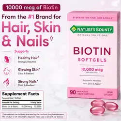 Nature's Bounty, Biotin, 10000mcg, Ultra Strength Biotin 10.000mcg, Supports Healthy Hair Skin Nails, Energy Production, Optimal Solutions Hair Vitamin with Biotin, 90 Softgels Biotin