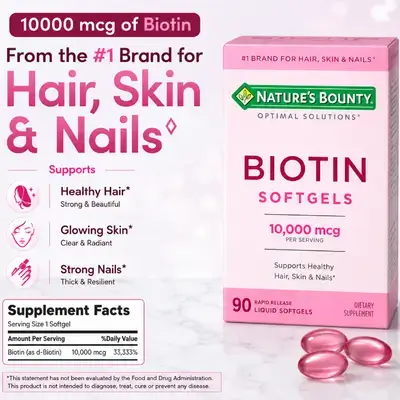Nature's Bounty, Biotin, 10000mcg, Ultra Strength Biotin 10.000mcg, Supports Healthy Hair Skin Nails, Energy Production, Optimal Solutions Hair Vitamin with Biotin, 90 Softgels Biotin