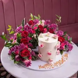 Cake and Roses (Chocolate Cake and Mixed Roses)