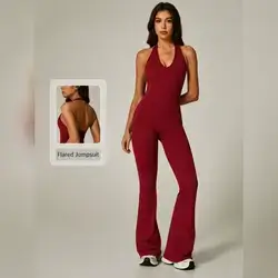 1pc Women's Solid Color V-Neck Backless Jumpsuit - Small
