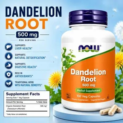 NOW Foods Supplements, Dandelion Root, 500 mg, natural diuretic, water balance, water out, liver and kidney support, Detoxification, 100 Capsules dandelion 