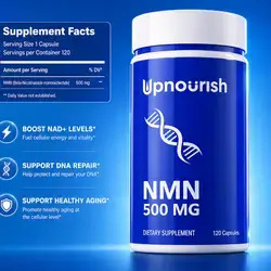 UpNourish, NMN, 500mg, Nicotinamide Mononucleotide, NAD Supplement, Real NMN, Nicotinamide Riboside Alternative, for Women & Men, DNA Repair, Boosts Nad+, Anti-aging, Beauty, Energy, Muscles preservation, memory, 120 Caps NMN